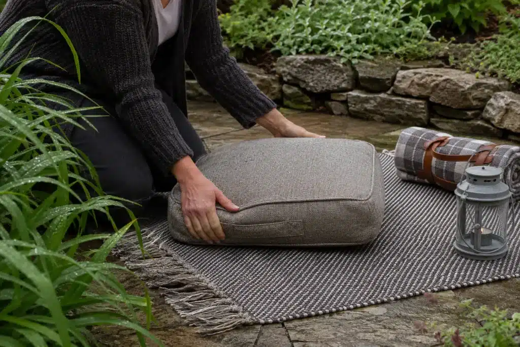 Femme aménageant un coin détente en extérieur en posant un coussin de sol
