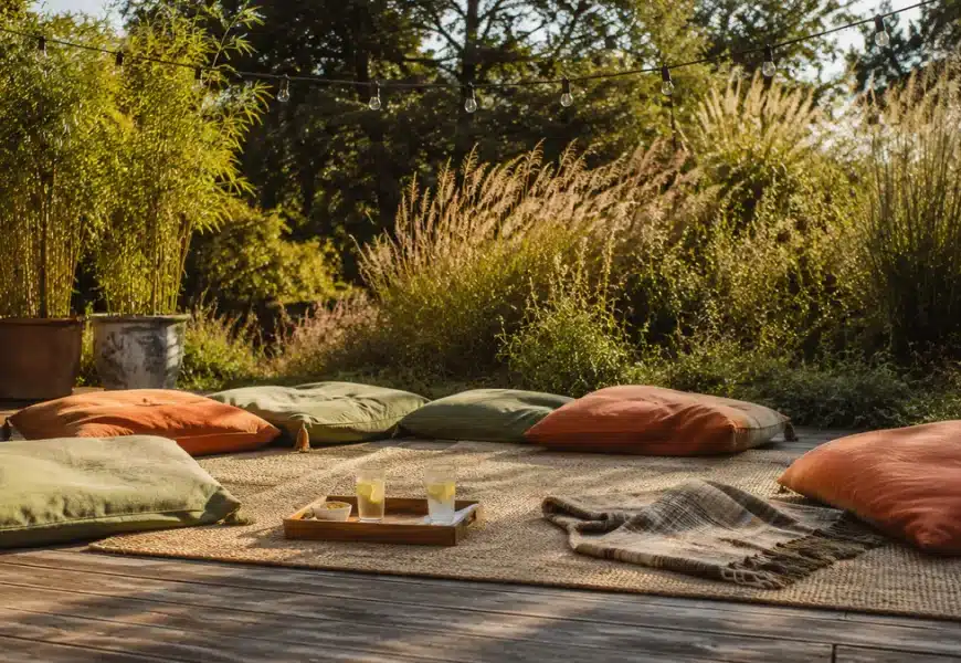 Coussins posés au sol dans un coin détente en extérieur
