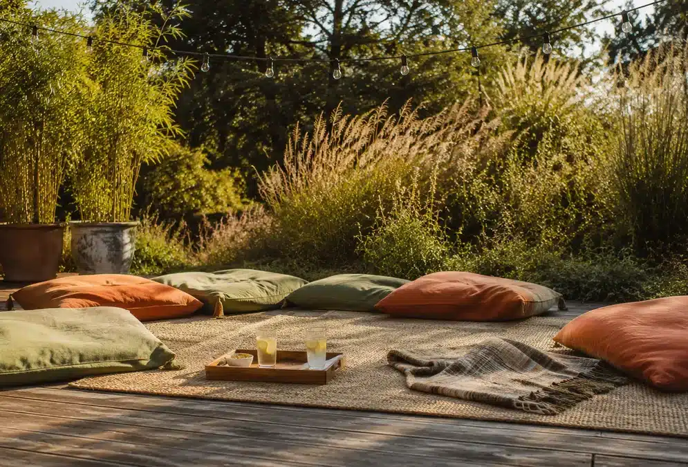 Coussins posés au sol dans un coin détente en extérieur