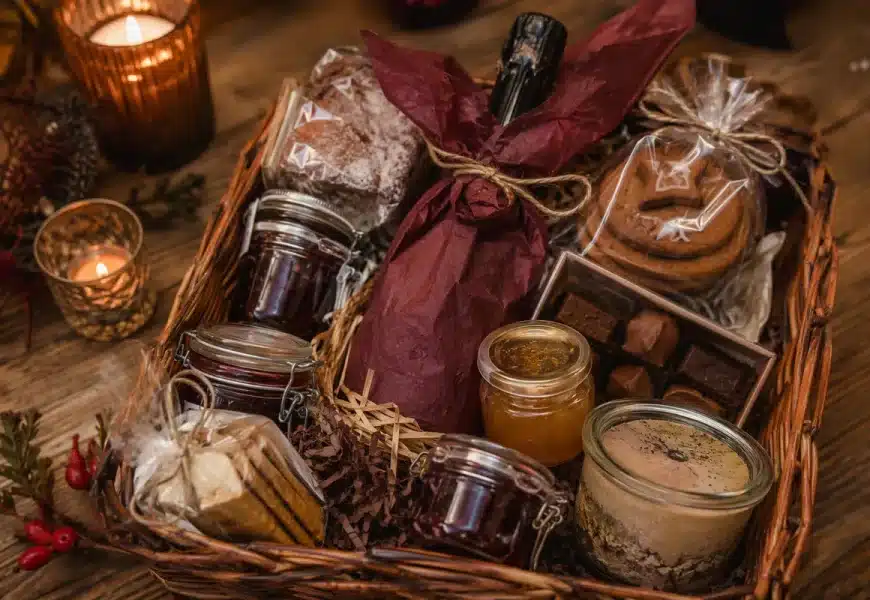 Panier gourmand de Noël garni de produits salés et sucrés
