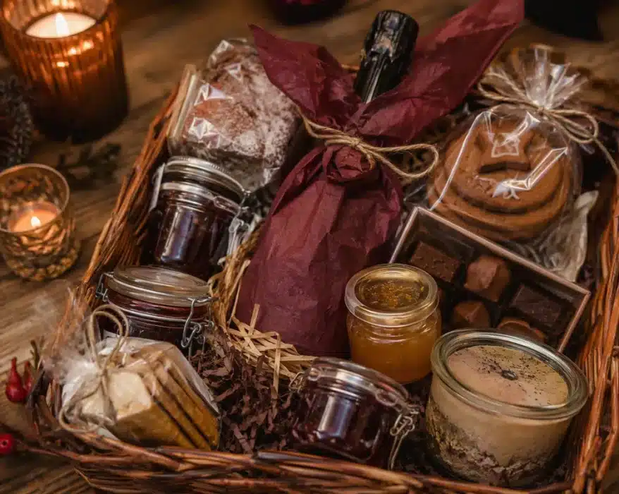 Panier gourmand de Noël garni de produits salés et sucrés