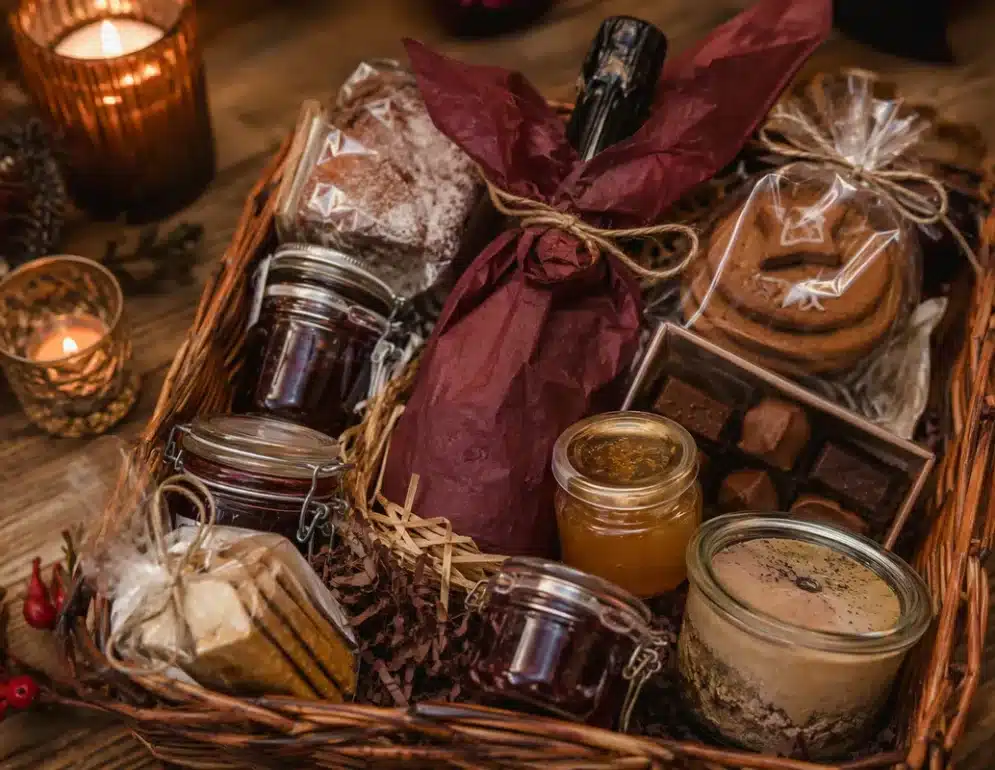 Panier gourmand de Noël garni de produits salés et sucrés